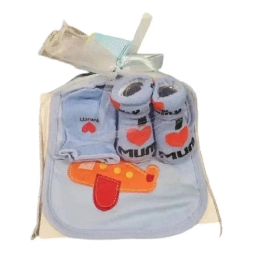 Red Plane Bib, Mittens, Socks Gift Set, Baby Boy Newborn gift set baby essential
